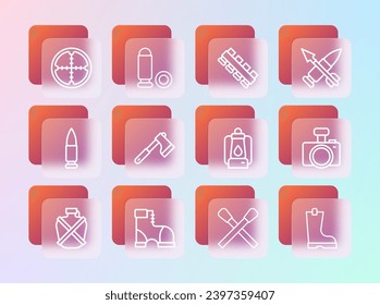 Set line Crossed bullet with arrow, Hunter boots, Camping lantern, Burning match fire, Wooden axe, Hunting cartridge belt, Sniper optical sight and Bullet icon. Vector