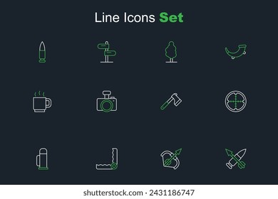 Set line Crossed bullet with arrow, Medieval bow and, Trap hunting, Thermos container, Sniper optical sight, Wooden axe, Photo camera and Coffee cup icon. Vector