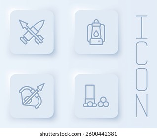 Set line Crossed bullet with arrow, Camping lantern, Medieval bow and and Cartridges. White square button. Vector