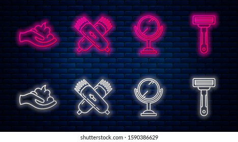 Set line Crossed electrical hair clipper or shaver, Hand mirror, Shaving gel foam on hand and Shaving razor. Glowing neon icon on brick wall. Vector