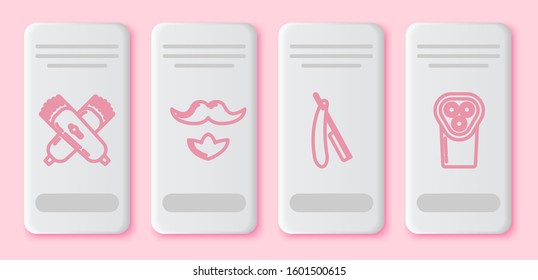 Set line Crossed electrical hair clipper or shaver, Mustache and beard, Straight razor and Electrical hair clipper or shaver. White rectangle button. Vector