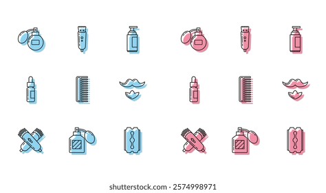 Set line Crossed electrical hair clipper or shaver, Aftershave, Blade razor, Hairbrush, Mustache and beard, Glass bottle with pipette and Electrical icon. Vector