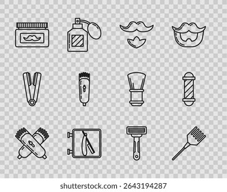 Set line Crossed electrical hair clipper or shaver, Hairbrush, Mustache and beard, Barbershop with razor, Cream lotion cosmetic jar, Electrical, Shaving and Classic pole icon. Vector