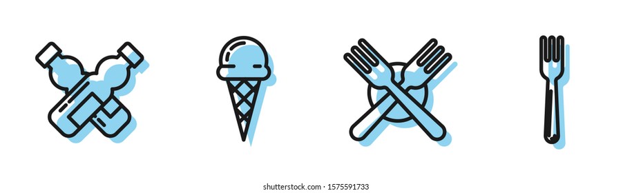 Set line Crossed fork, Crossed bottle of water, Ice cream in waffle cone and Fork icon. Vector