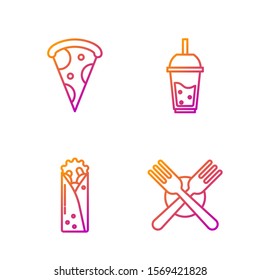 Set line Crossed fork, Doner kebab, Slice of pizza and Glass of lemonade with drinking straw. Gradient color icons. Vector