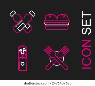 Set line Crossed fork, Doner kebab, Sandwich and bottle of water icon. Vector