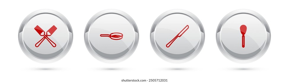 Set line Crossed fork, Frying pan, Knife and Kitchen whisk. Silver circle button. Vector