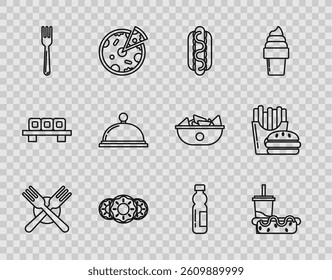 Set line Crossed fork, Hotdog sandwich mustard, Donut sweet glaze, Fork, Covered tray of food, Bottle water and Burger french fries carton package box icon. Vector