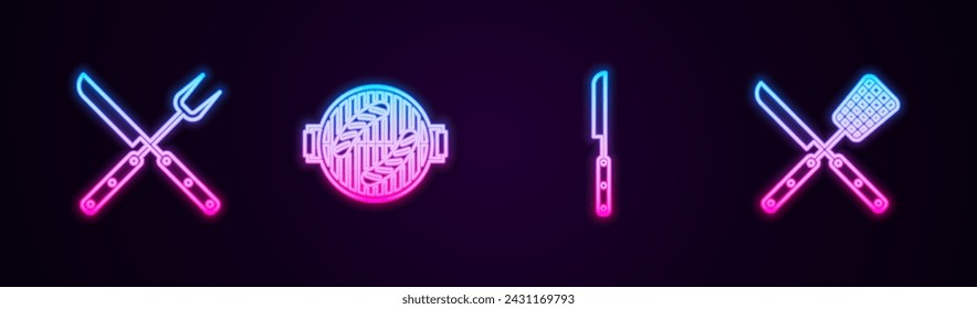 Set line Crossed fork and knife, Barbecue grill with sausage,  and spatula. Glowing neon icon. Vector