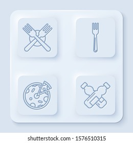 Set line Crossed fork, Fork, Pizza and Crossed bottle of water. White square button. Vector