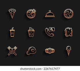 Set line Crossed fork, Scrambled eggs, Slice of pizza, Donut with sweet glaze, Ice cream in waffle cone, Popcorn cardboard box, Sandwich and Food ordering icon. Vector