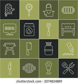Set line Crossed fork and spatula, Sauce bottle, BBQ brazier, Kitchen apron, Barbecue coal bag, Oven glove and  icon. Vector