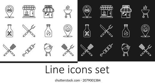 Set line Crossed fork and spatula, Location with fire flame, Barbecue shopping building, knife, Ketchup bottle, barbecue,  and  icon. Vector
