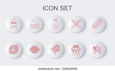 Set line Crossed fork and spatula, Barbecue grill with steak, Ketchup bottle, shopping building, fire flame, sausage and Oven glove icon. Vector