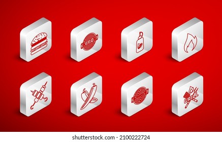 Set line Crossed fork and spatula, Barbecue grill, Ketchup bottle, Fire flame, with sausage, Burger, hot chili pepper pod and Grilled shish kebab icon. Vector