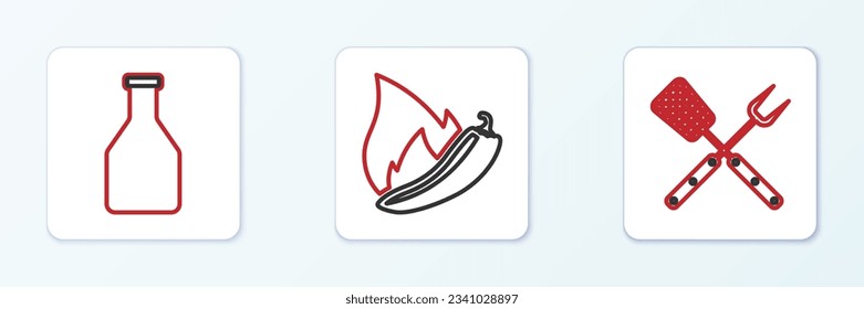 Fijar la línea Horquilla cruzada y espátula, botella de Ketchup e icono de la vaina de pimienta caliente. Vector