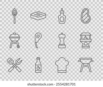 Set line Crossed fork and spatula, Barbecue grill, Sauce bottle, Tabasco sauce, Burning match with fire, Rib eye steak, Chef hat and Brick stove icon. Vector