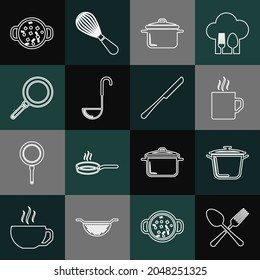 Set line Crossed fork and spoon, Cooking pot, Coffee cup, Kitchen ladle, Frying pan, soup and Knife icon. Vector