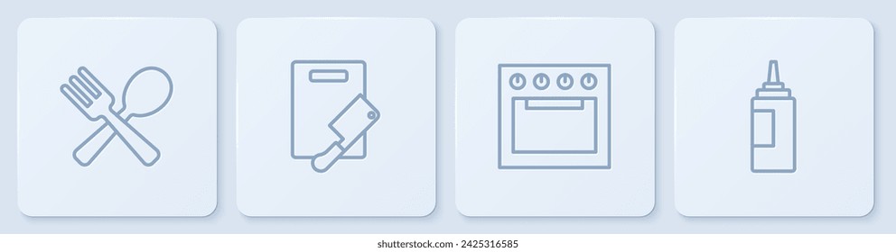 Tenedor cruzado y cuchara, horno, picadora de carne de tabla de cortar y botella de salsa. Botón cuadrado blanco. Vector