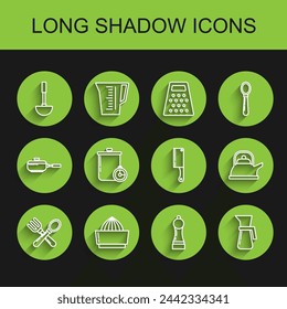 Set line Crossed fork and spoon, Citrus fruit juicer, Kitchen ladle, Pepper, Measuring cup, Cooking pot kitchen timer, Kettle with handle and Meat chopper icon. Vector