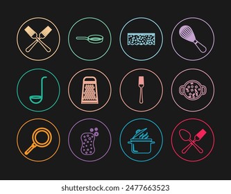 Set line Crossed fork and spoon, Cooking soup in pot, Sponge with bubbles, Grater, Kitchen ladle, Fork and Frying pan icon. Vector