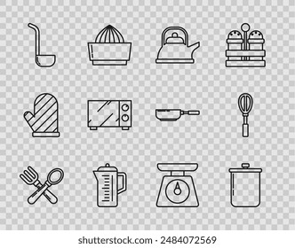 Set line Crossed fork and spoon, Cooking pot, Kettle with handle, Teapot, Kitchen ladle, Microwave oven, Scales and whisk icon. Vector