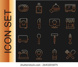 Set line Crossed fork and spoon, Blender, Coffee machine, Covered with tray, Knife, Cookbook, Plate and Chef hat location icon. Vector
