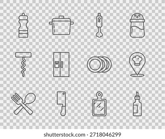 Tenedor y cuchara cruzados, botella de aceite de oliva, licuadora, picadora de carne, pimienta, refrigerador, tabla de cortar y sombrero de chef con icono de ubicación. Vector