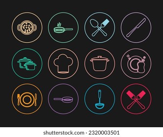 Set line Crossed fork, Washing dishes, and spoon, Chef hat, Cooking pot, soup,  and Frying pan icon. Vector