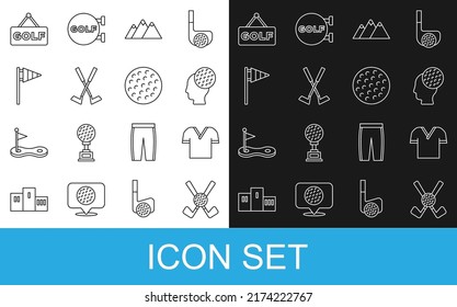 Set Line Crossed Golf Club With Ball, Golf Shirt, Mountains, Flag, Label And  Icon. Vector