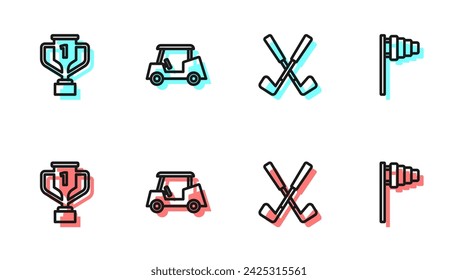 Set line Crossed golf club, Award cup with, Golf car and flag icon. Vector