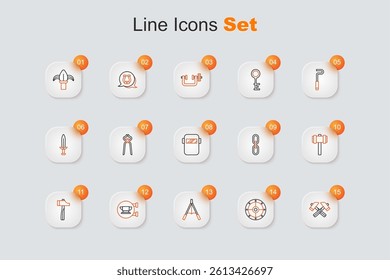 Set line Crossed hammer, Round shield, Air blower bellows, Blacksmith anvil tool, Hammer, Sledgehammer, Chain link and Welding mask icon. Vector