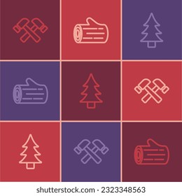 Set line Crossed hammer, Tree and Wooden log icon. Vector