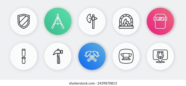 Set line Crossed hammer, Welding mask, Rasp metal file, Blacksmith anvil tool, oven, Medieval axe, Horseshoe and Hammer icon. Vector