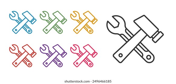 Set line Crossed hammer and wrench spanner icon isolated on white background. Hardware tools. Set icons colorful. Vector