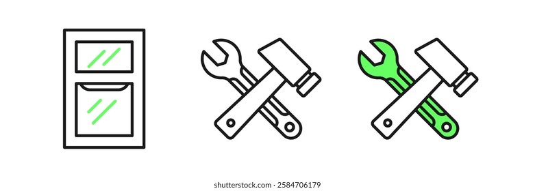 Set line Crossed hammer and wrench spanner icon isolated on white background. Hardware tools.  Vector