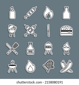 Set line Crossed hot chili pepper pod, Barbecue grill, Burger, Fire flame, Grilled shish kebab, Mustard bottle and knife icon. Vector