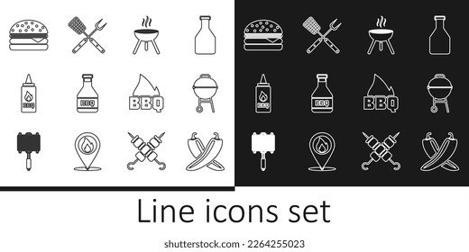 Set line Crossed hot chili pepper pod, Barbecue grill, Ketchup bottle, Burger, fire flame and fork and spatula icon. Vector