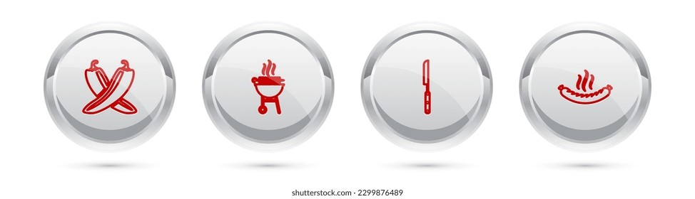 Set line Crossed hot chili pepper pod, Barbecue grilled shish kebab, knife and Sausage. Silver circle button. Vector