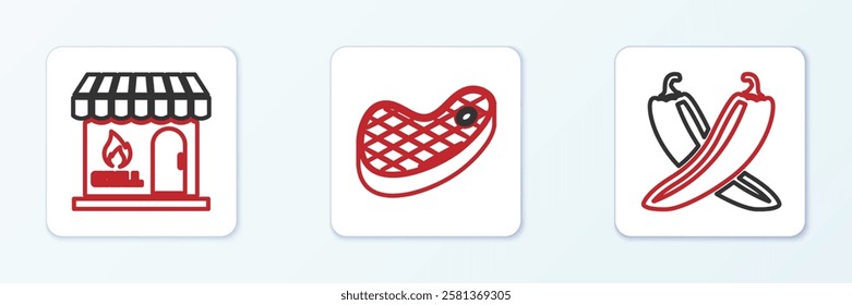 Set line Crossed hot chili pepper pod, Barbecue shopping building and Steak meat icon. Vector