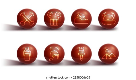 Set line Crossed human bones, Gives lecture, Viking in horned helmet, Torch flame, Roman army, Ancient column, Egypt pyramids and Human skull icon. Vector
