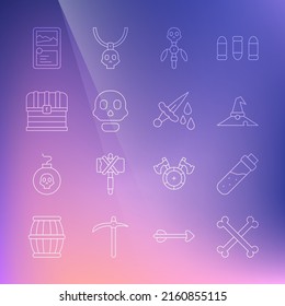Set line Crossed human bones, Bottle with potion, Witch hat, Magic staff, Skull, Chest, Card game collection and Sword blood icon. Vector