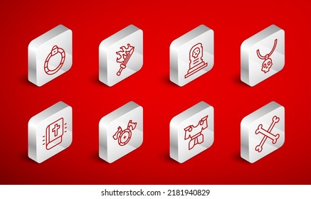 Fijar la línea Hueso humano cruzado, Espada para el juego, Tumba con lápida, Amuleto del collar, Armor del cuerpo, Anillo mágico, hacha del escudo medieval e ícono del libro de la Biblia Santa. Vector