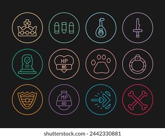 Set line Crossed human bones, Magic stone ring, Lute, Video game bar, Grave with tombstone, King crown, Bear paw footprint and Bullet icon. Vector