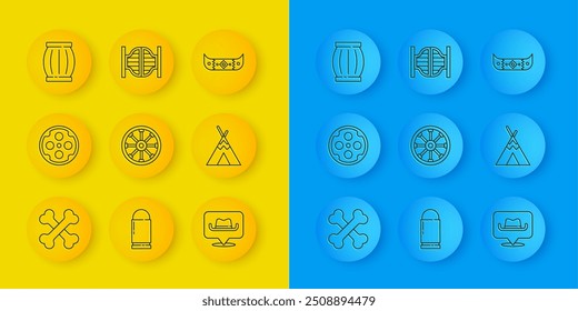 Set line Crossed human bones, Revolver cylinder, Old wooden wheel, Location cowboy, Indian teepee or wigwam, Gun powder barrel, Kayak canoe and paddle and Saloon door icon. Vector