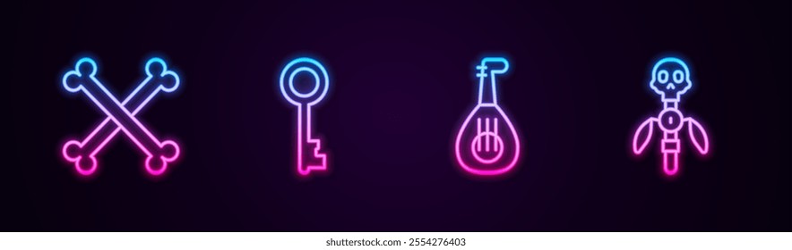 Set line Crossed human bones, Old key, Lute and Magic staff. Glowing neon icon. Vector