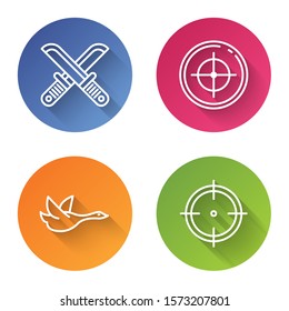 Set line Crossed hunter knife, Target sport for shooting competition, Flying duck and Target sport for shooting competition. Color circle button. Vector