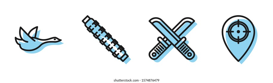Set line Crossed hunter knife, Flying duck, Hunting cartridge belt with cartridges and Hunt place icon. Vector