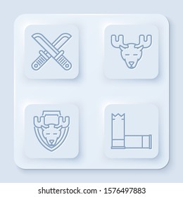 Set line Crossed hunter knife, Moose head with horns, Moose head on shield and Cartridges. White square button. Vector