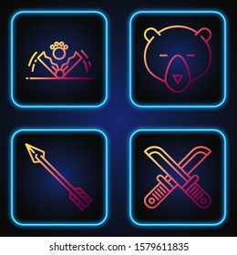 Set line Crossed hunter knife, Hipster arrow, Trap hunting and Bear head. Gradient color icons. Vector